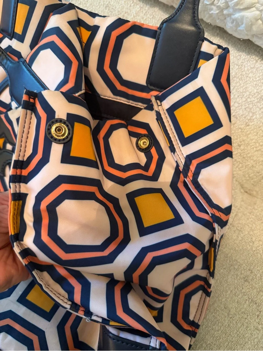 Tory Burch Ella Tote. Pink, Navy & Yellow Geometric Logo Tote